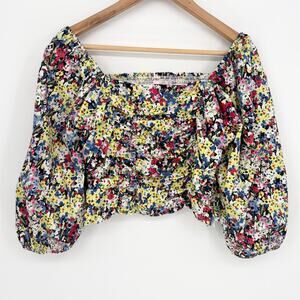 Dizzy Gal Floral Cotton Cropped Puff Sleeve Ruched Bodice Size L